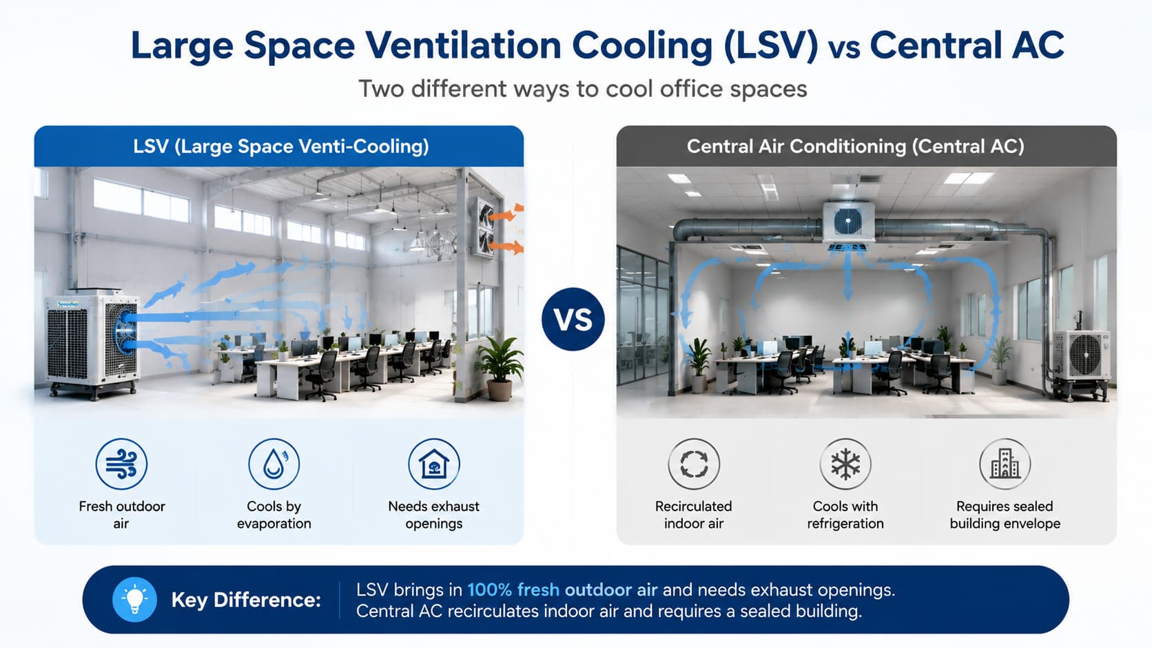 What is Large Space Ventilation Cooling and How Does It Differ from Central AC for Office Spaces?